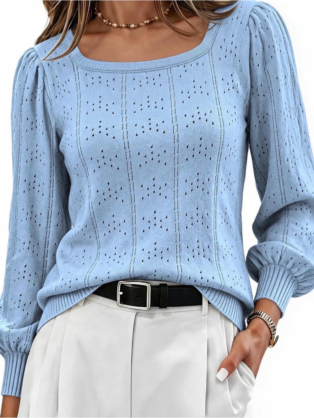 Light Blue Pointelle Knit Square Neck Sweater